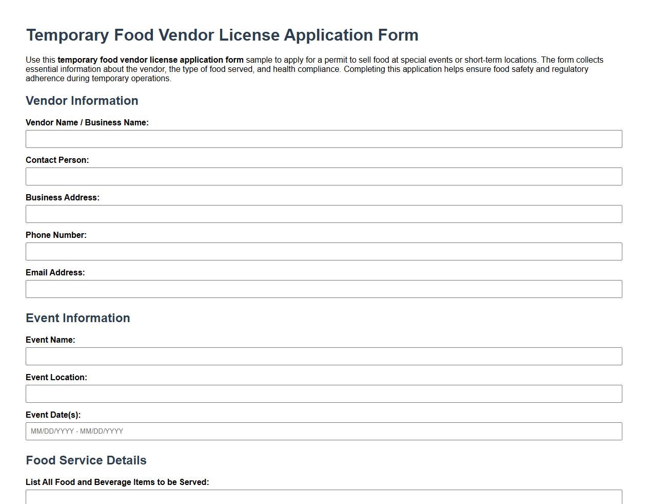 Temporary food vendor license application form sample image preview