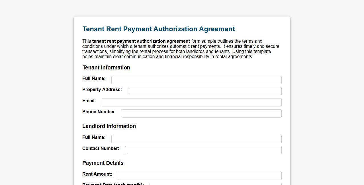 Tenant rent payment authorization agreement form sample image preview