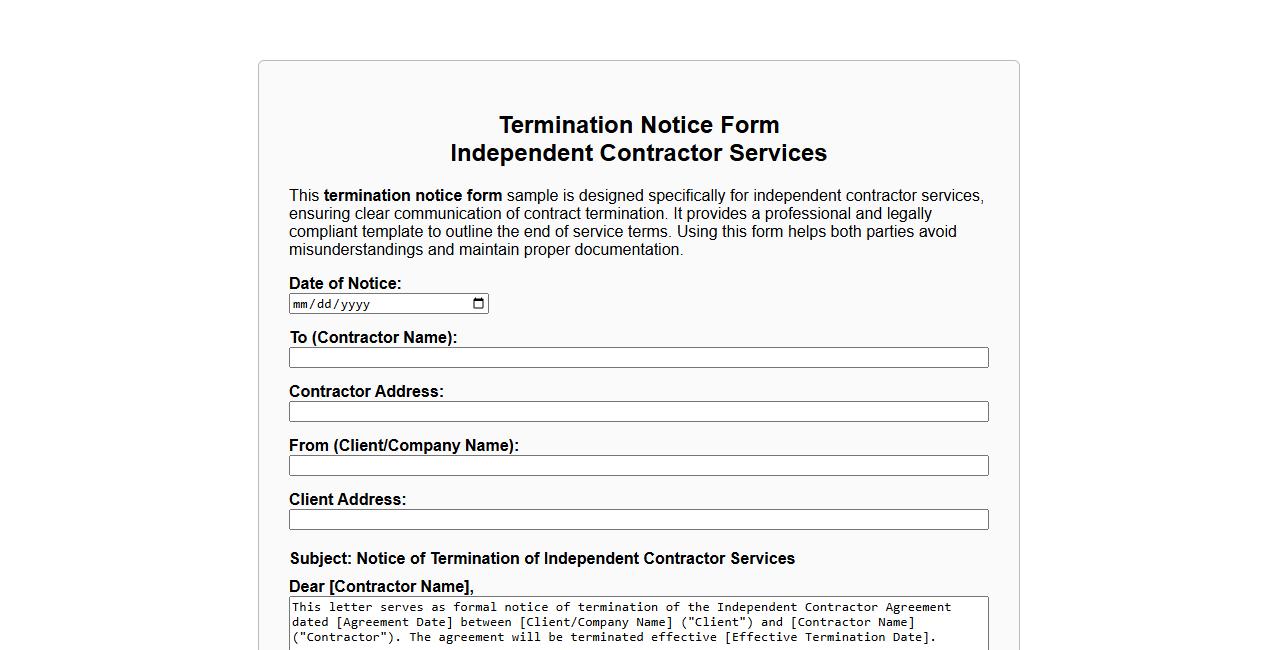Termination notice form sample for independent contractor services image preview
