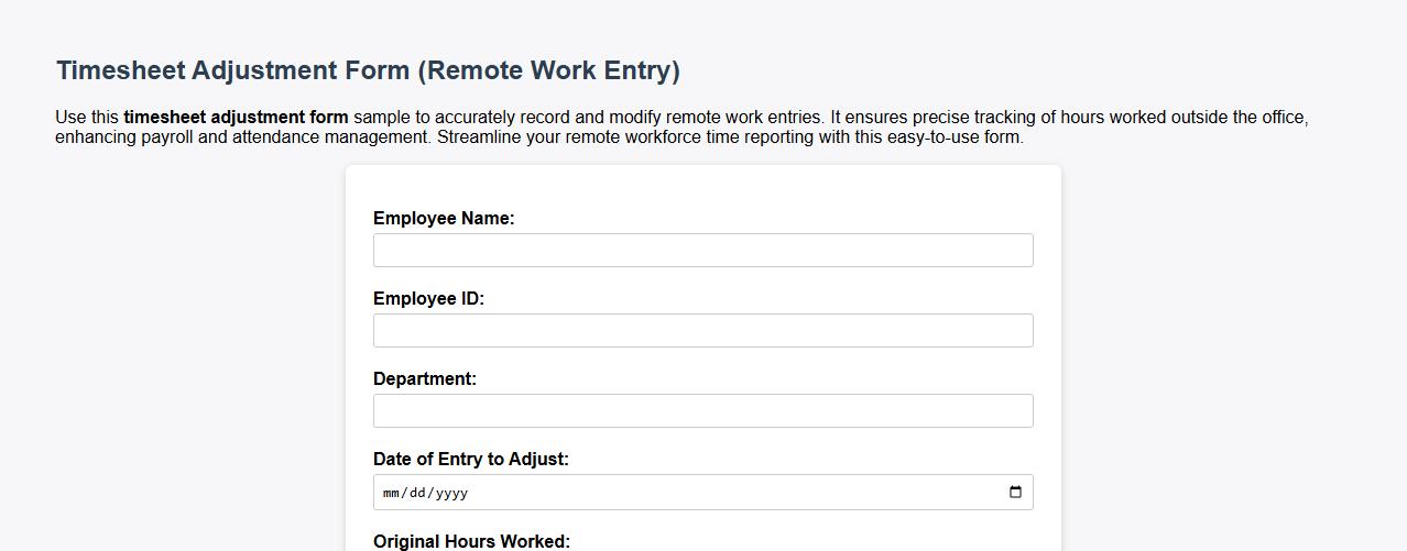 Timesheet adjustment form sample for remote work entry image preview
