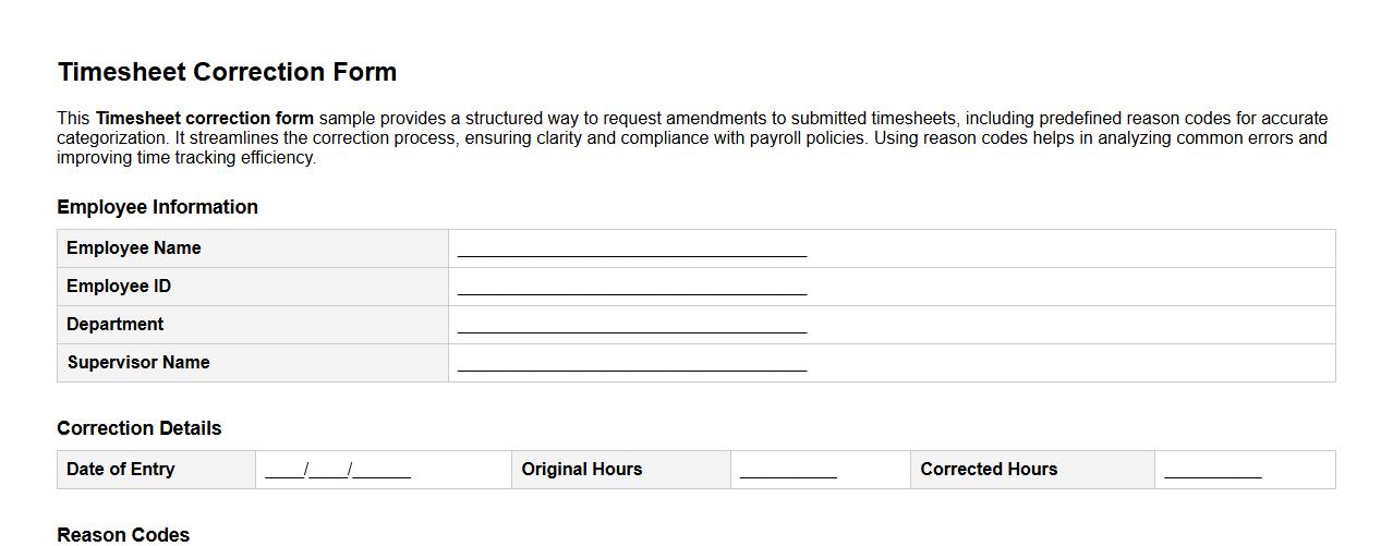 Timesheet correction form sample with reason codes image preview