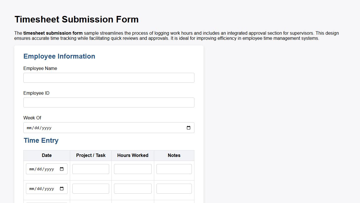Timesheet submission form sample with approval section image preview