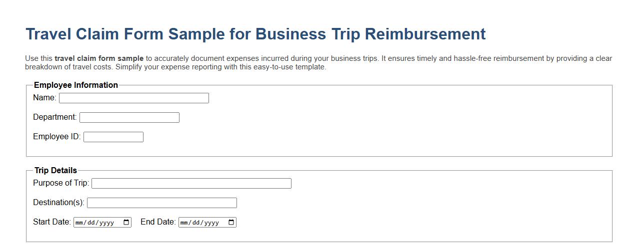 Travel claim form sample for business trip reimbursement image preview