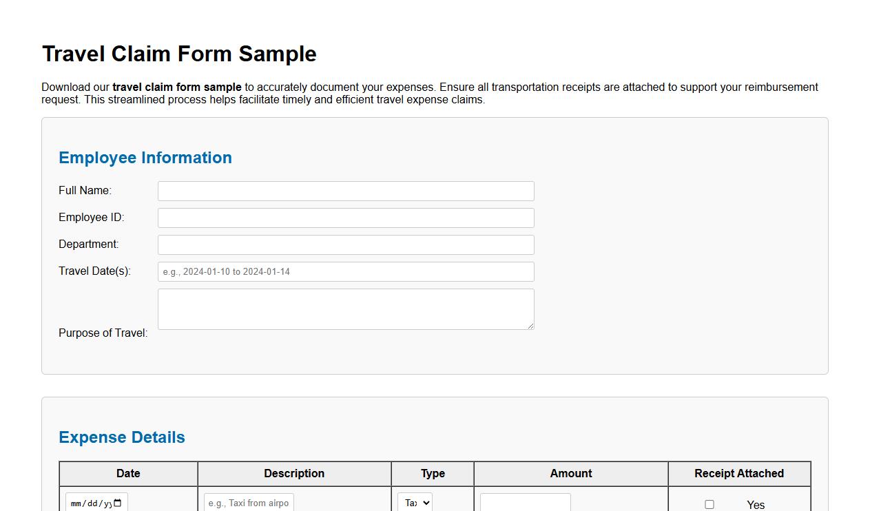 Travel claim form sample with transportation receipts attached image preview