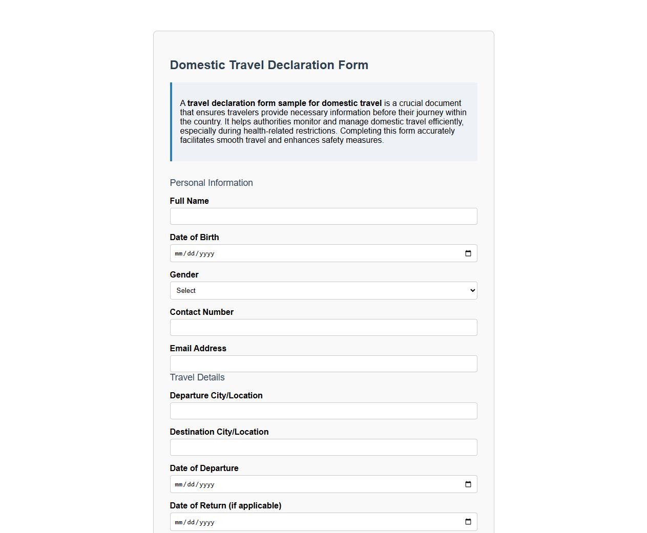 travel declaration form sample for domestic travel image preview