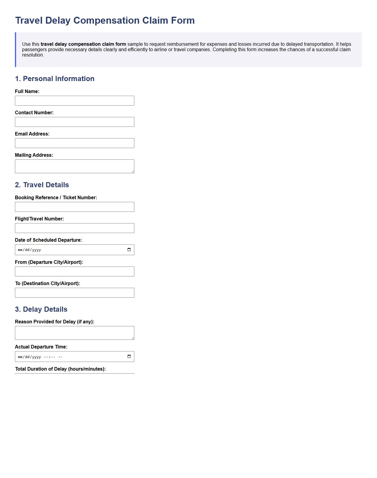 Travel delay compensation claim form sample image preview
