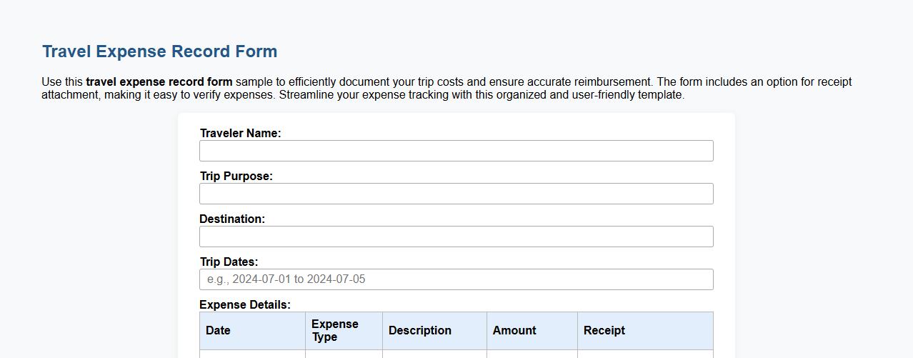 travel expense record form sample with receipt attachment image preview