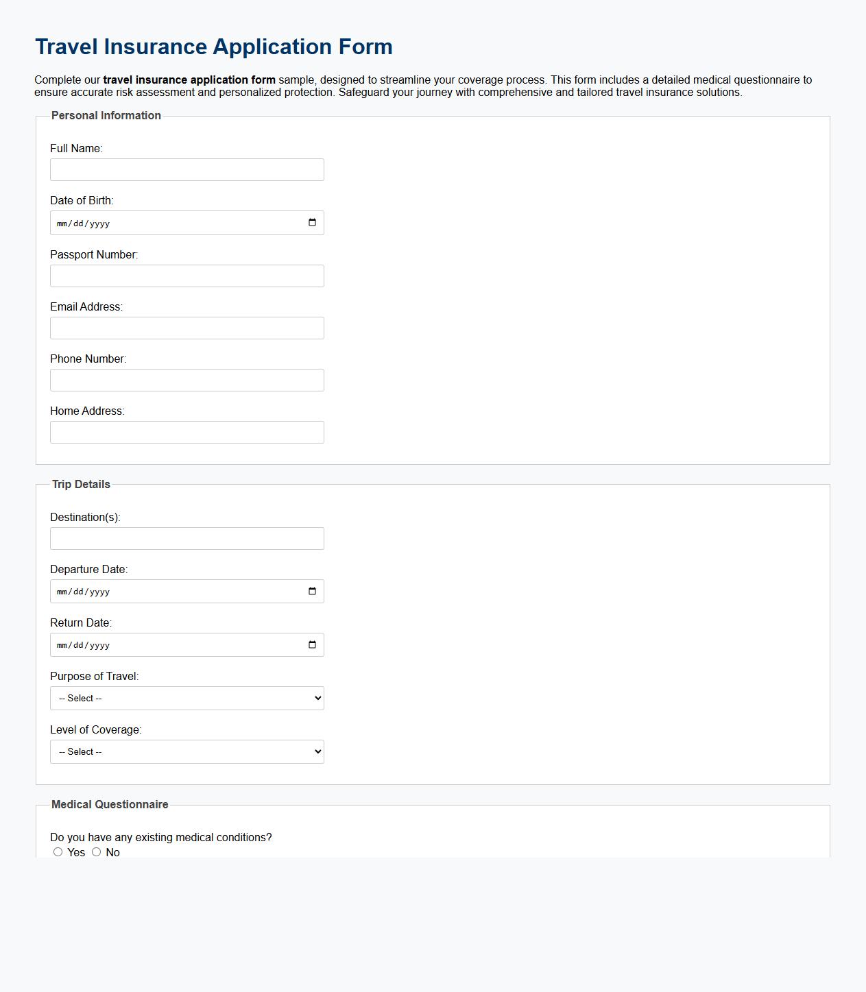 Travel insurance application form sample with medical questionnaire image preview