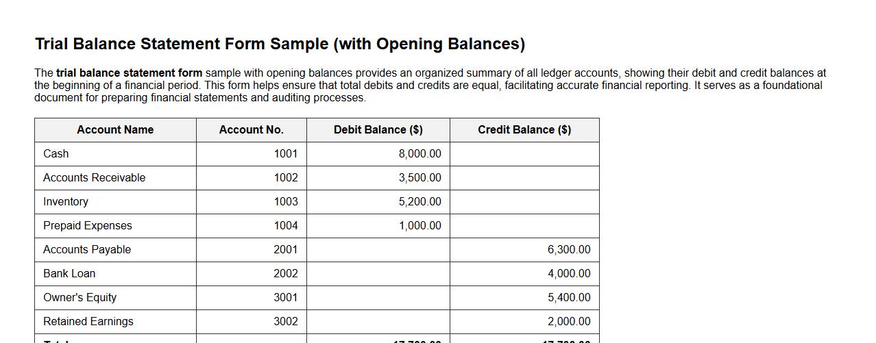 trial balance statement form sample with opening balances image preview