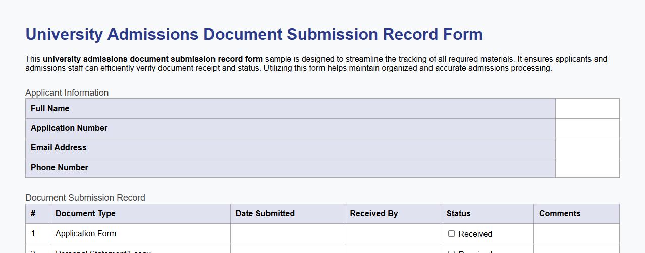 University admissions document submission record form sample image preview