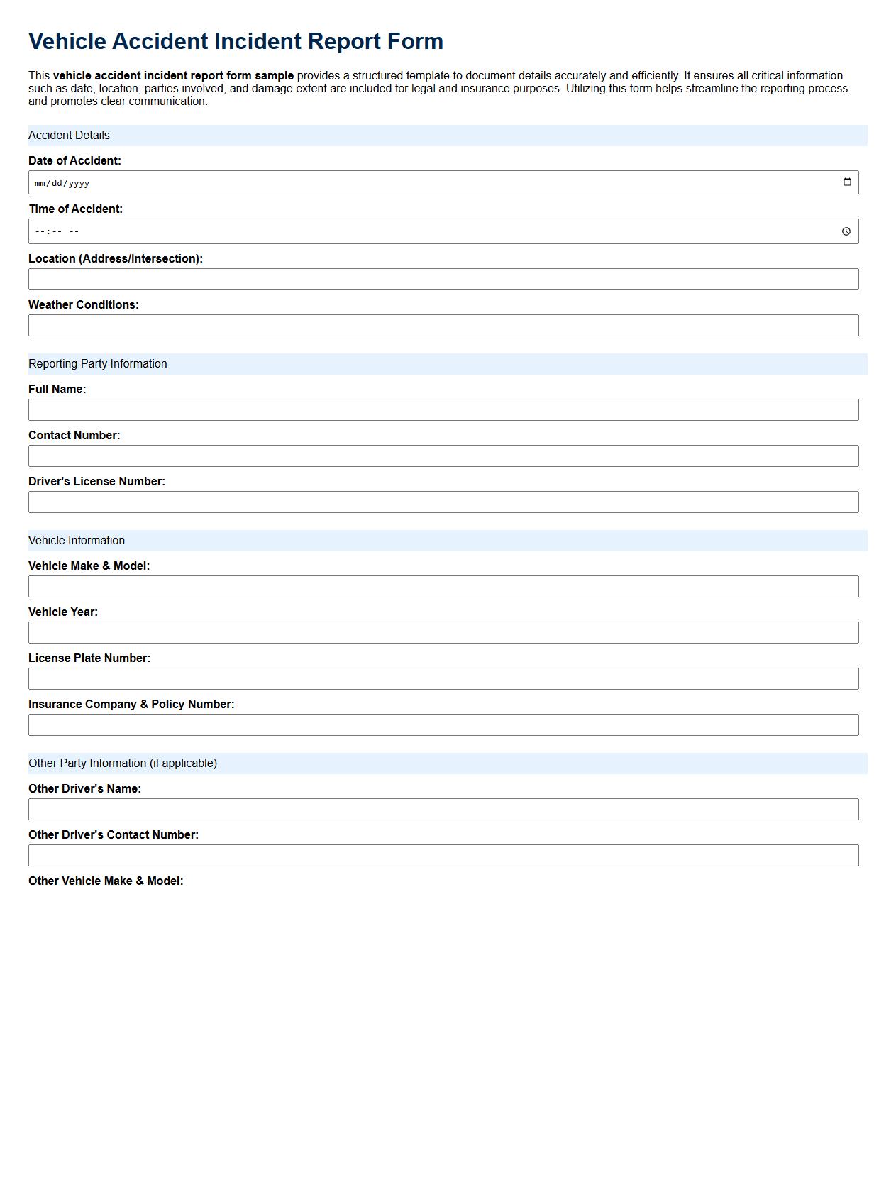vehicle accident incident report form sample image preview