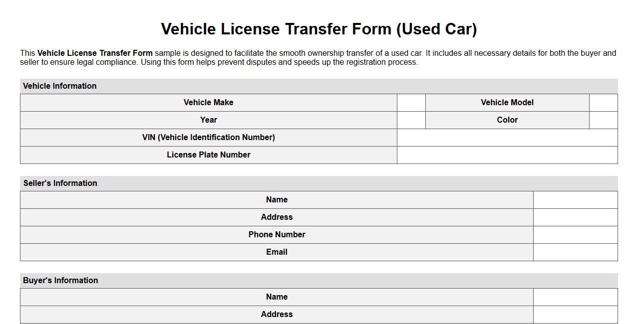 Vehicle License Transfer Form Sample for Used Car image preview