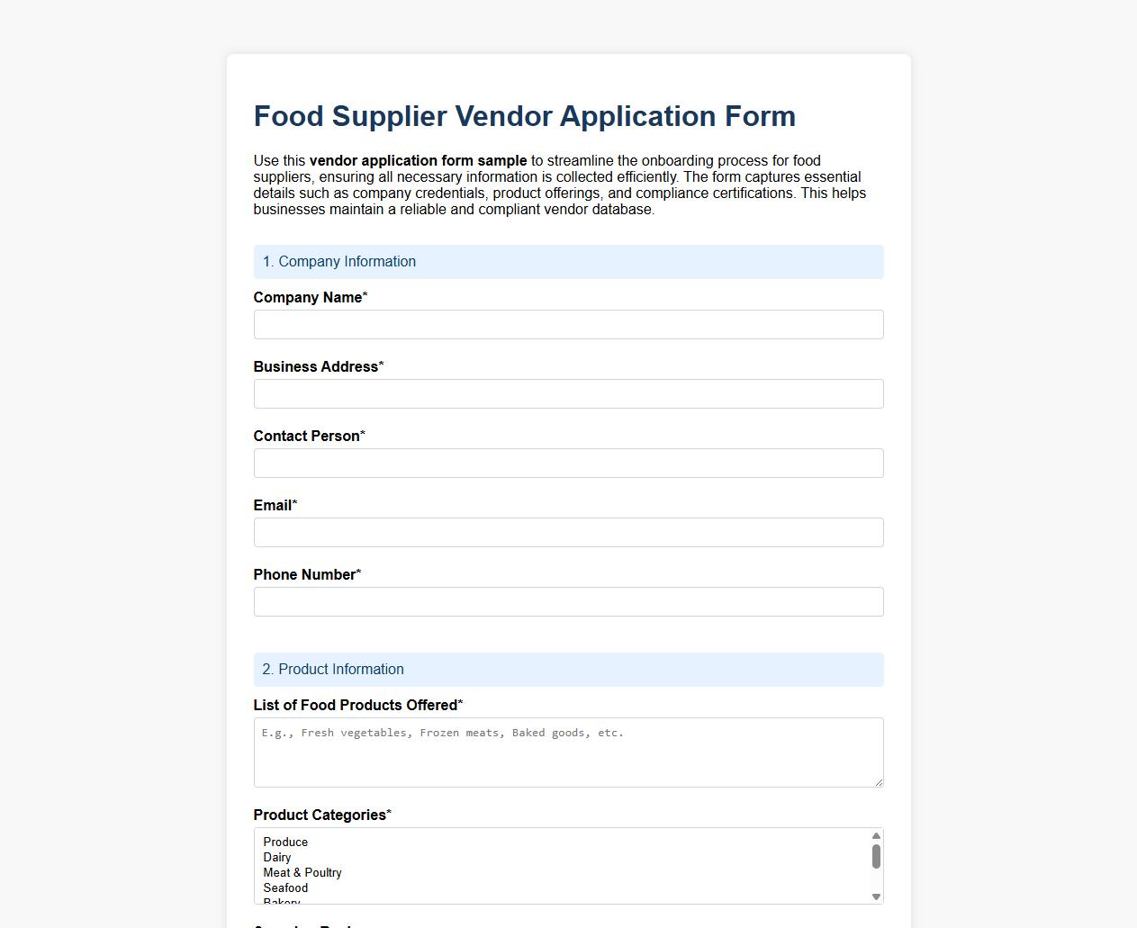 vendor application form sample for food suppliers image preview