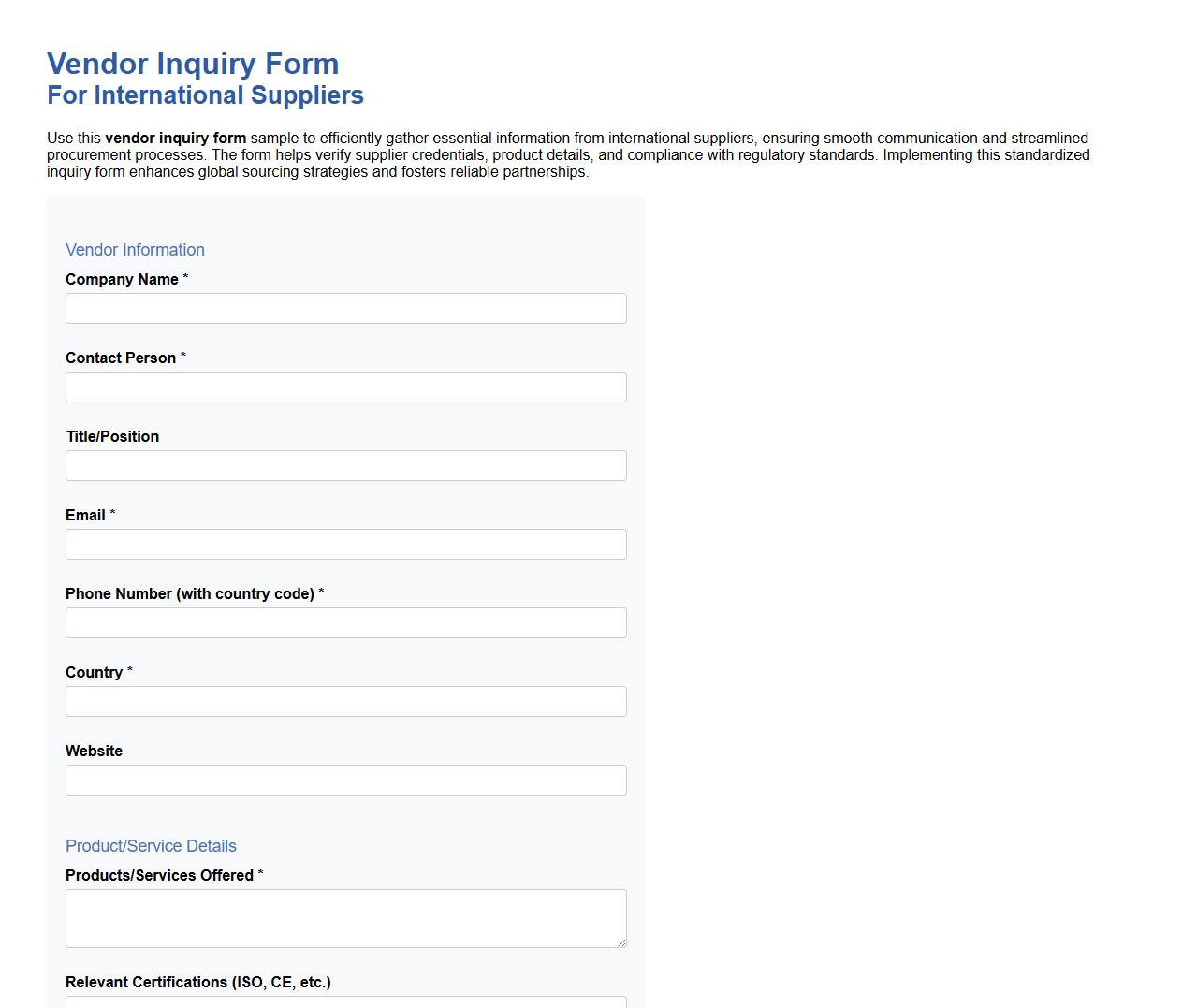 Vendor inquiry form sample for international suppliers image preview