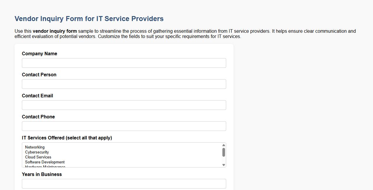 Vendor inquiry form sample for IT service providers image preview