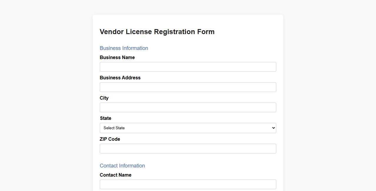 vendor license registration form sample with tax ID section image preview