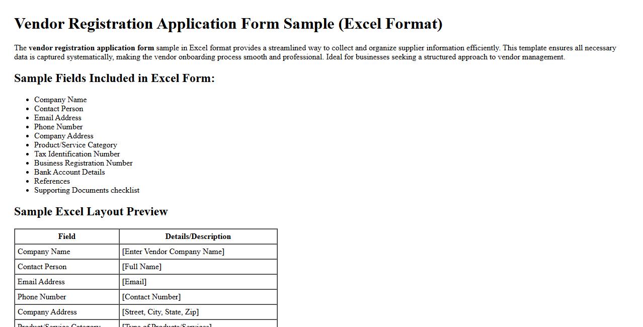 vendor registration application form sample excel image preview