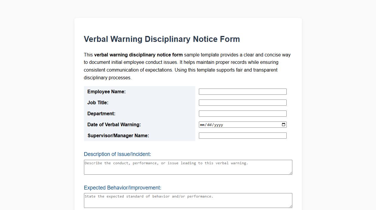 verbal warning disciplinary notice form sample template image preview