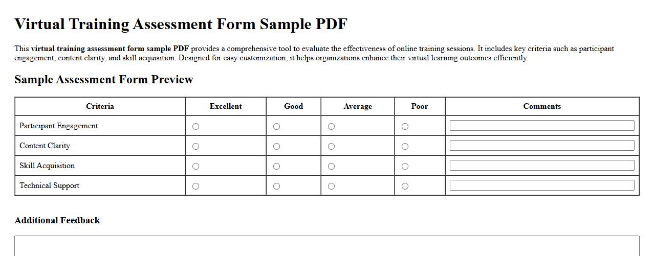 Virtual training assessment form sample PDF image preview