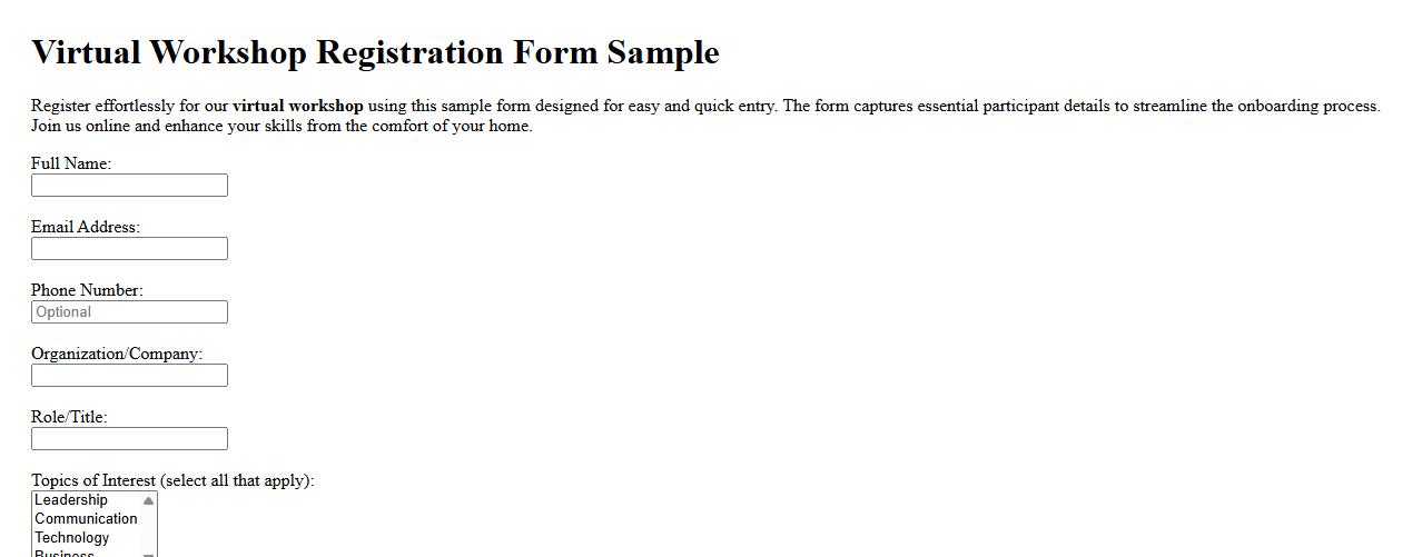 Virtual workshop registration form sample image preview