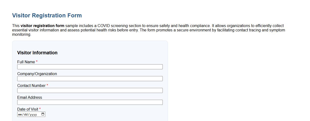 Visitor registration form sample with COVID screening image preview