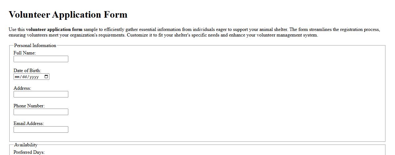 Volunteer application form sample for animal shelter image preview