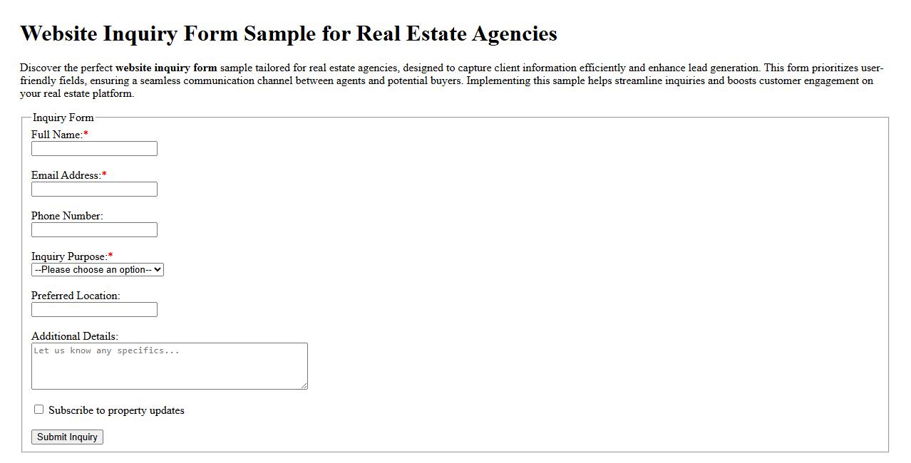 Website inquiry form sample for real estate agencies image preview