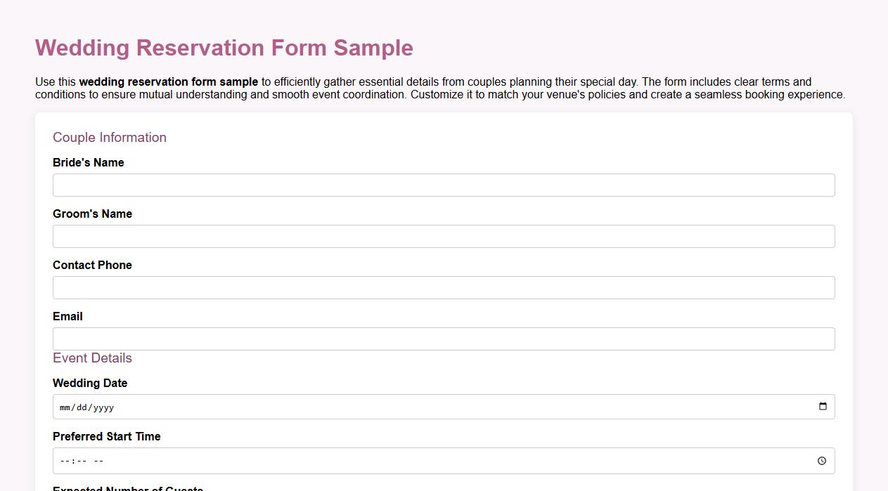 Wedding reservation form sample with terms and conditions image preview