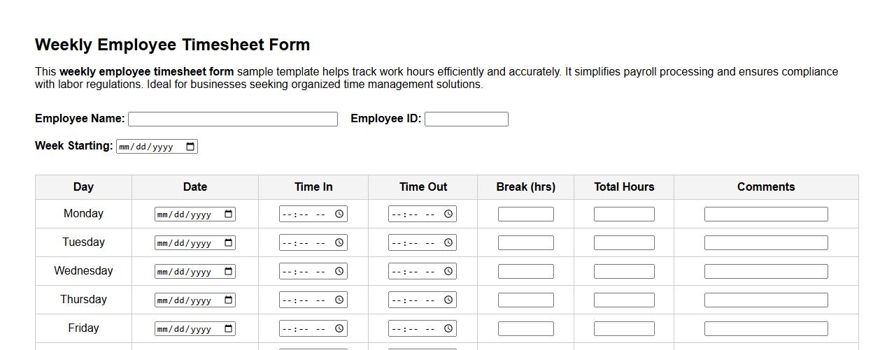 Weekly employee timesheet form sample template image preview