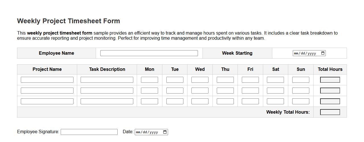 weekly project timesheet form sample with task breakdown image preview