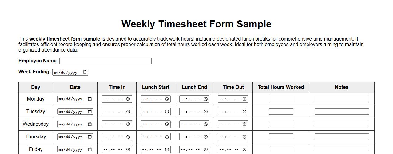 weekly timesheet form sample with lunch breaks included image preview