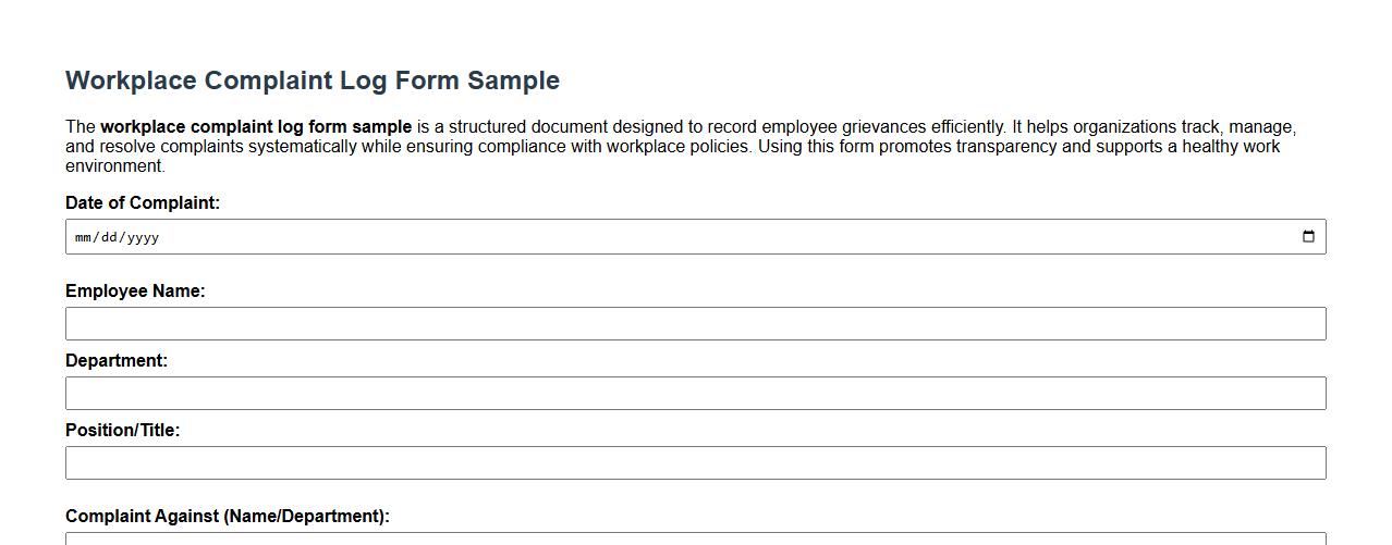 workplace complaint log form sample image preview