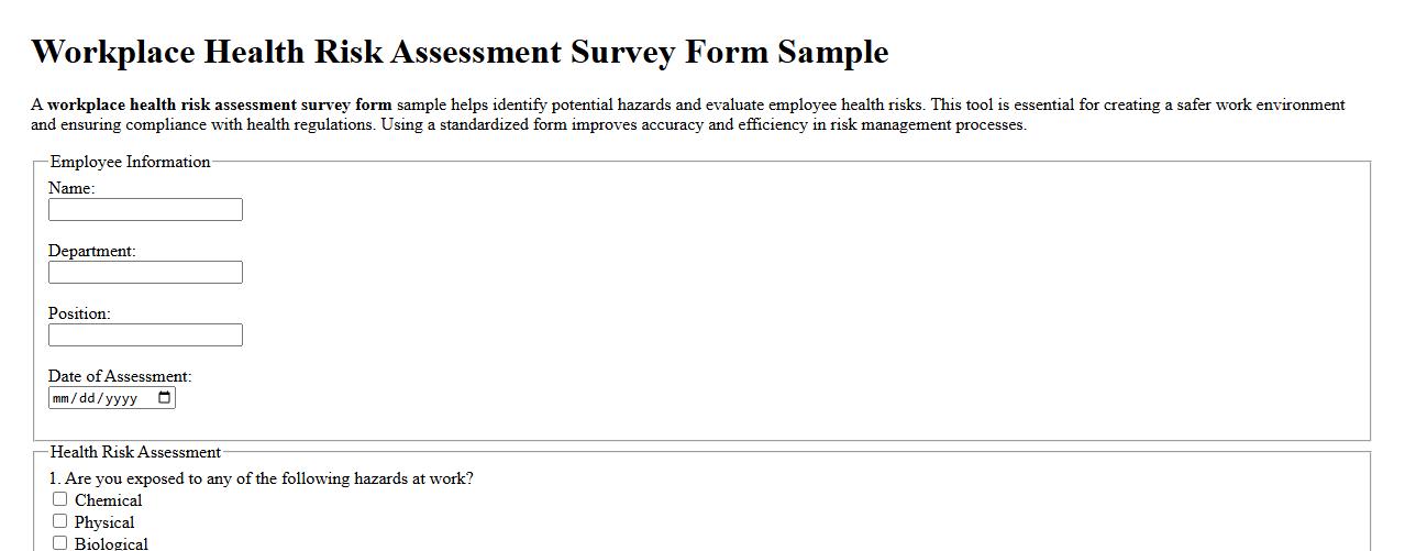 Workplace health risk assessment survey form sample image preview
