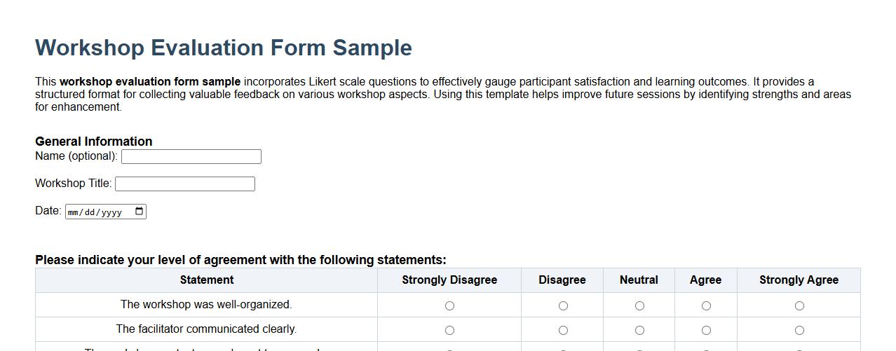 Workshop evaluation form sample including Likert scale questions image preview