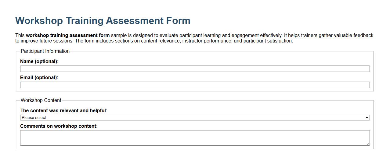 Workshop training assessment form sample for participants image preview