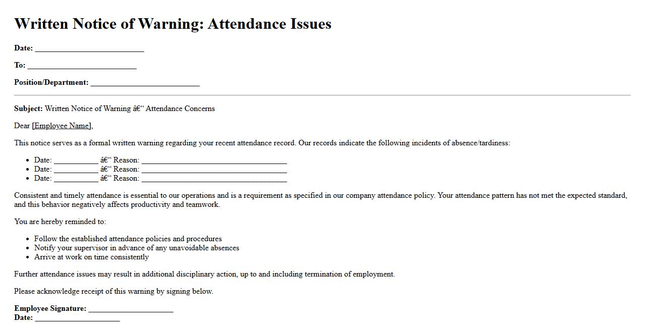 written notice of warning template for attendance issues image preview