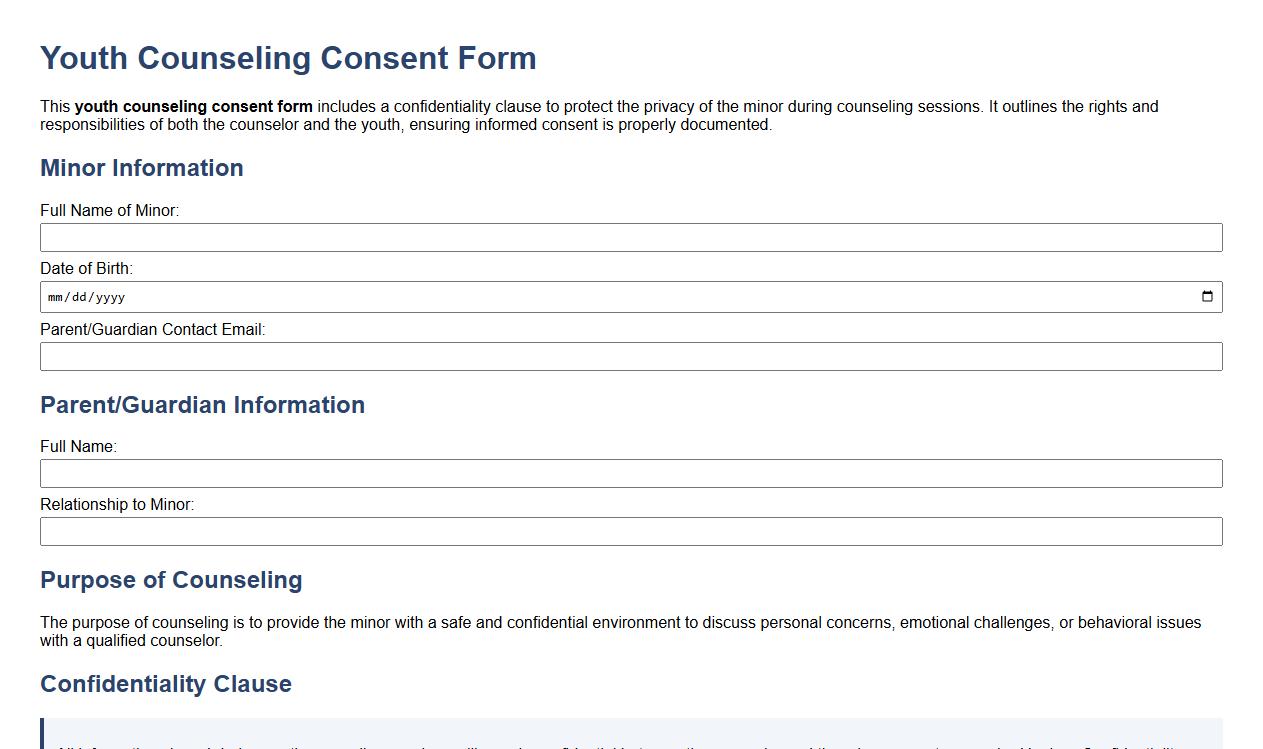 Youth counseling consent form sample with confidentiality clause image preview