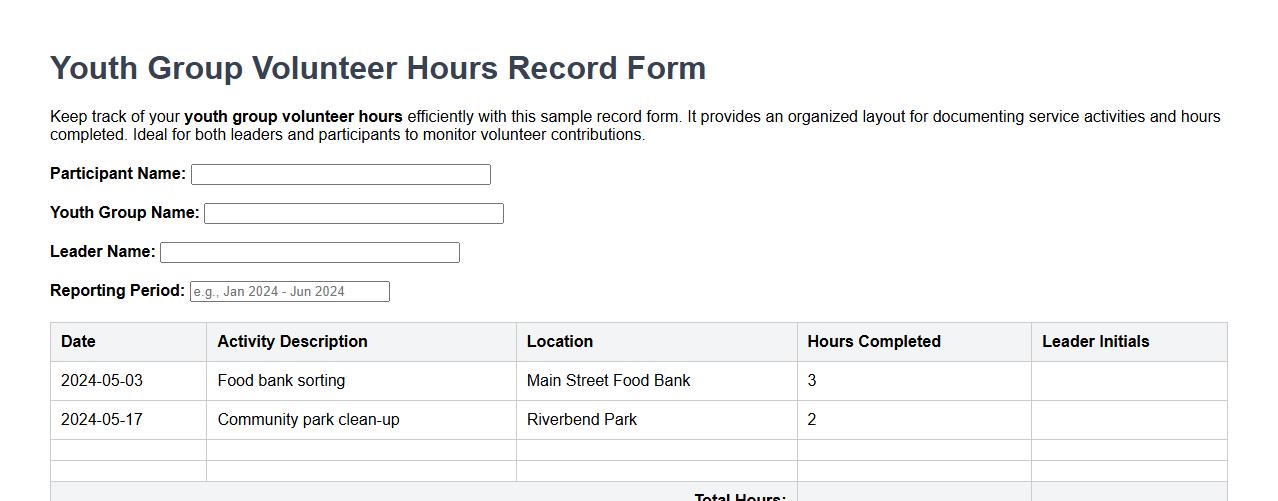 youth group volunteer hours record form sample image preview