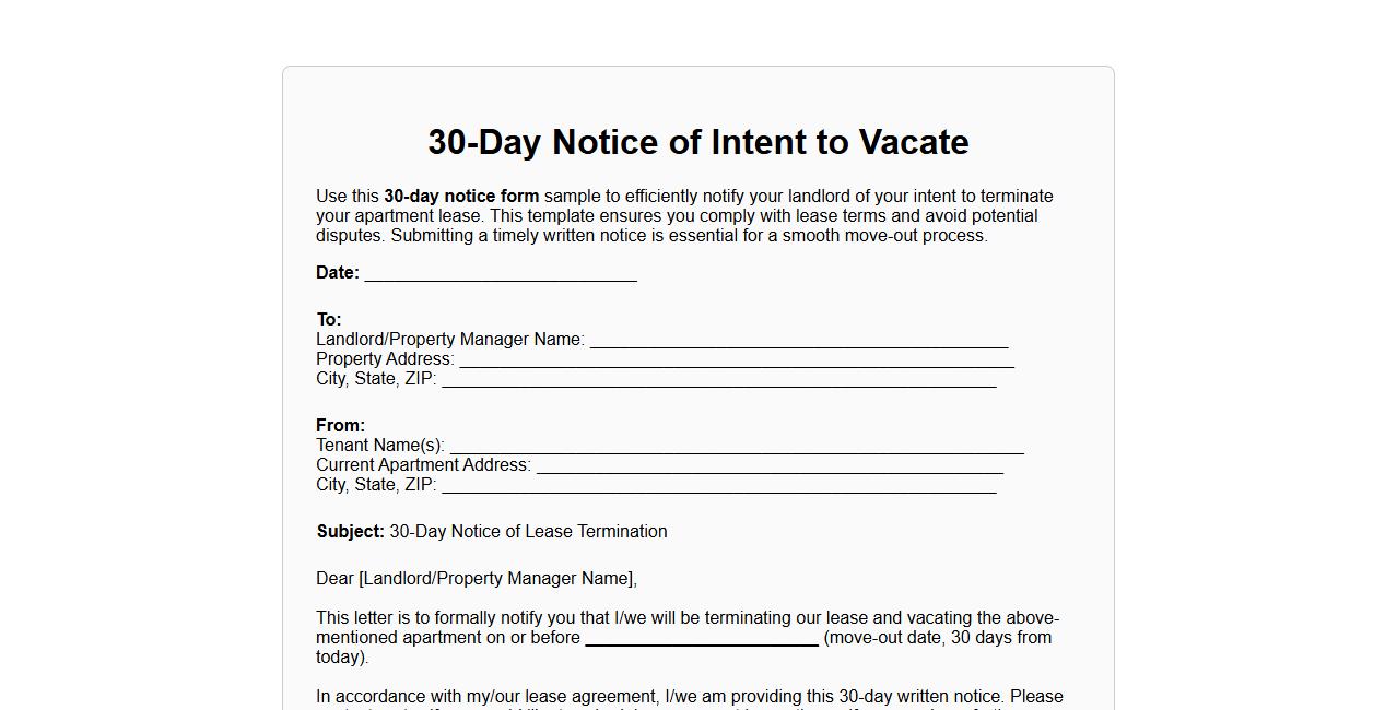 30-day notice form sample for apartment lease termination image preview
