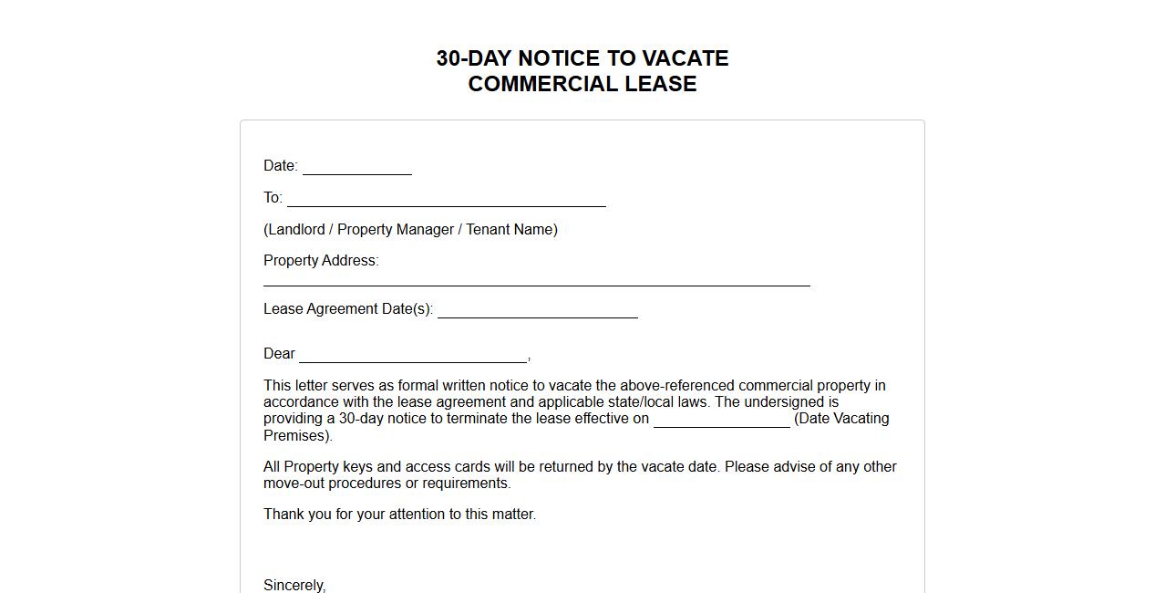30-day notice to vacate form sample for commercial lease image preview