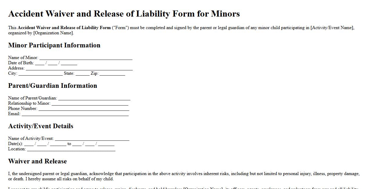 accident waiver form sample for minors image preview
