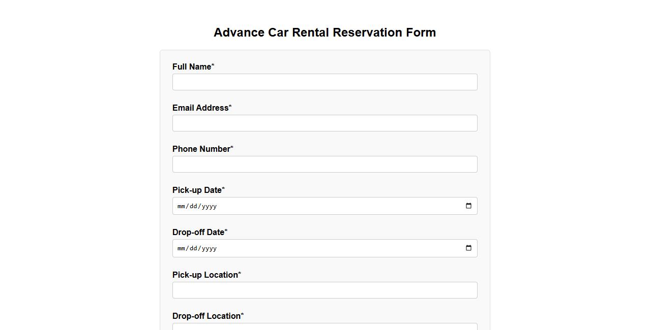 advance car rental reservation form sample image preview