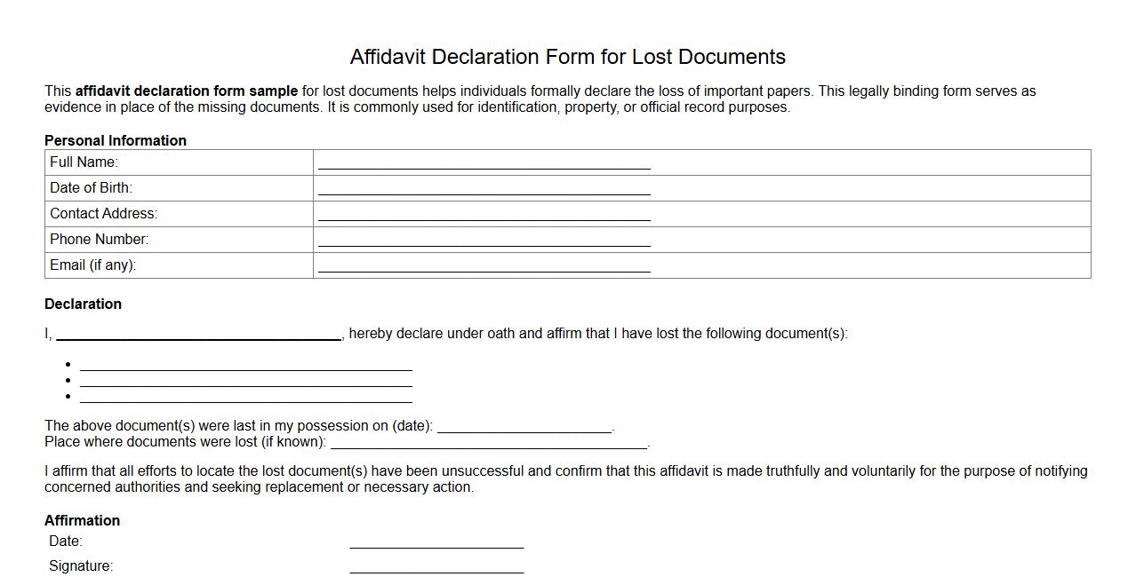 Affidavit declaration form sample for lost documents image preview