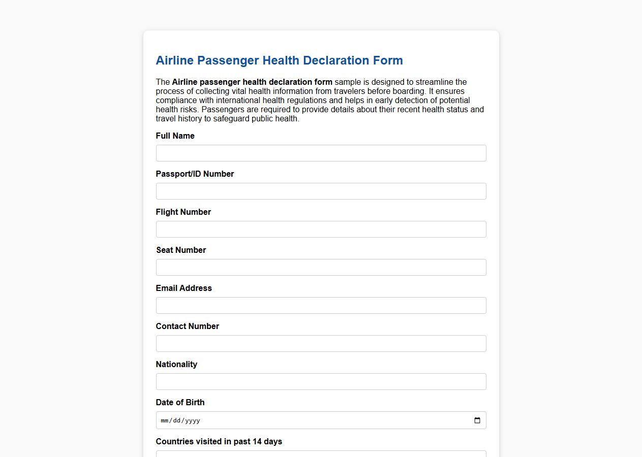Airline passenger health declaration form sample image preview