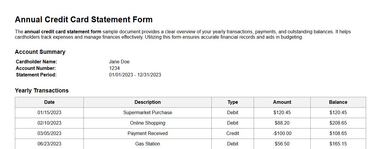 annual credit card statement form sample document image preview