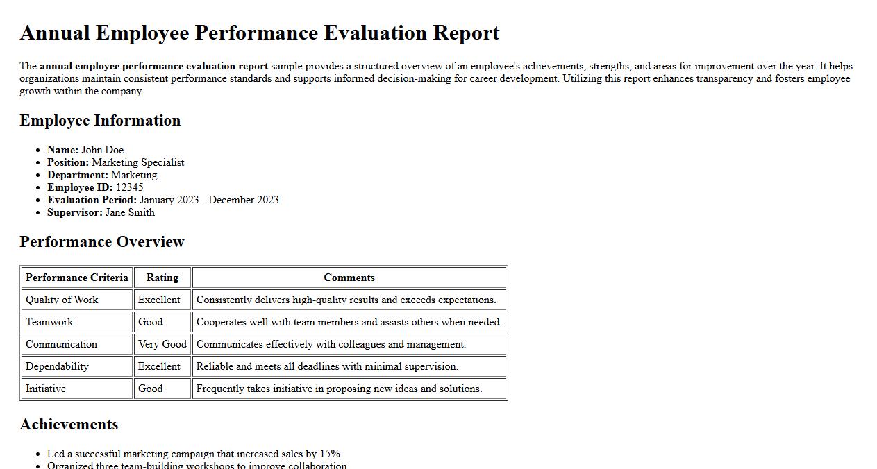 Annual employee performance evaluation report sample image preview