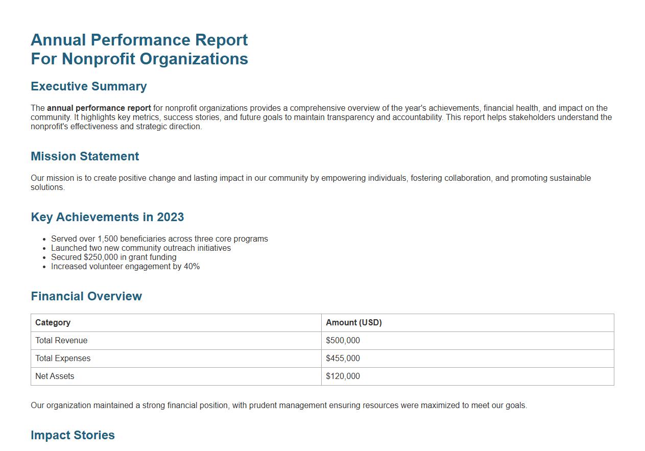 annual performance report for nonprofit organizations image preview
