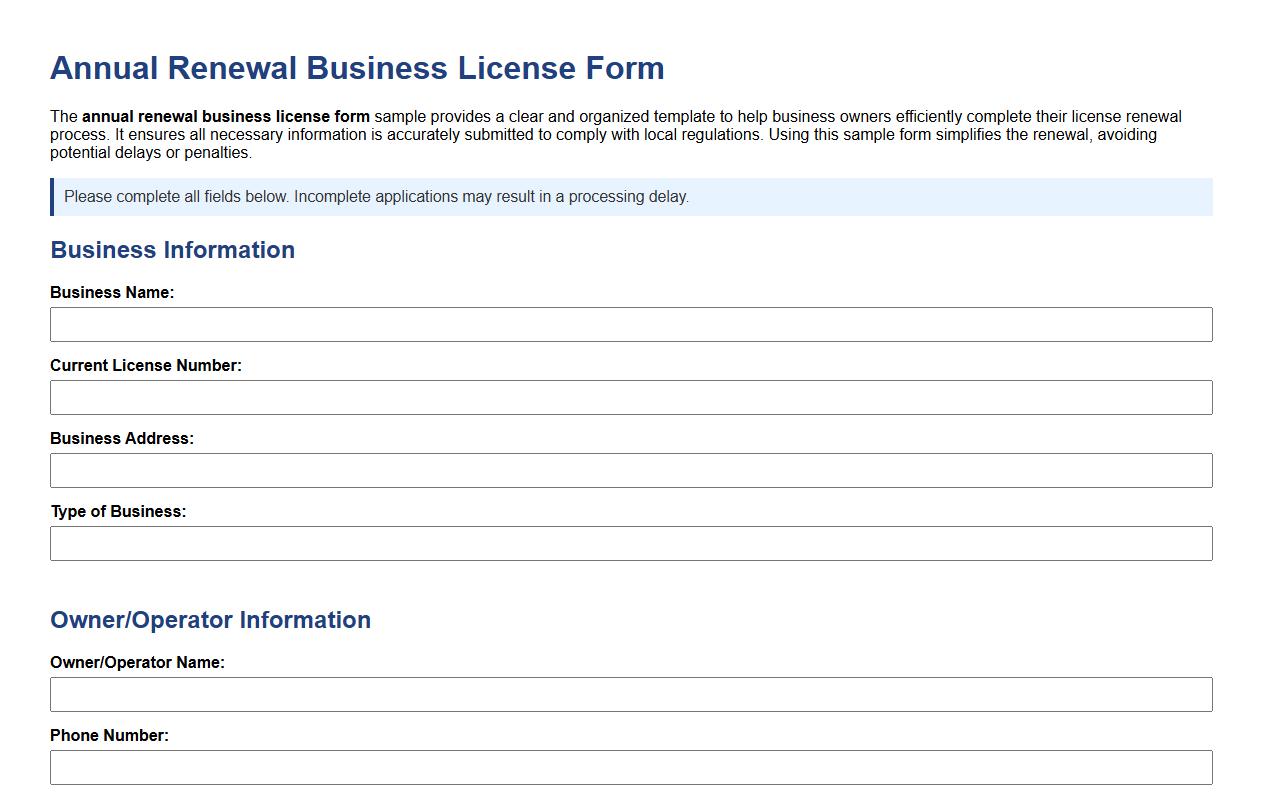 annual renewal business license form sample image preview