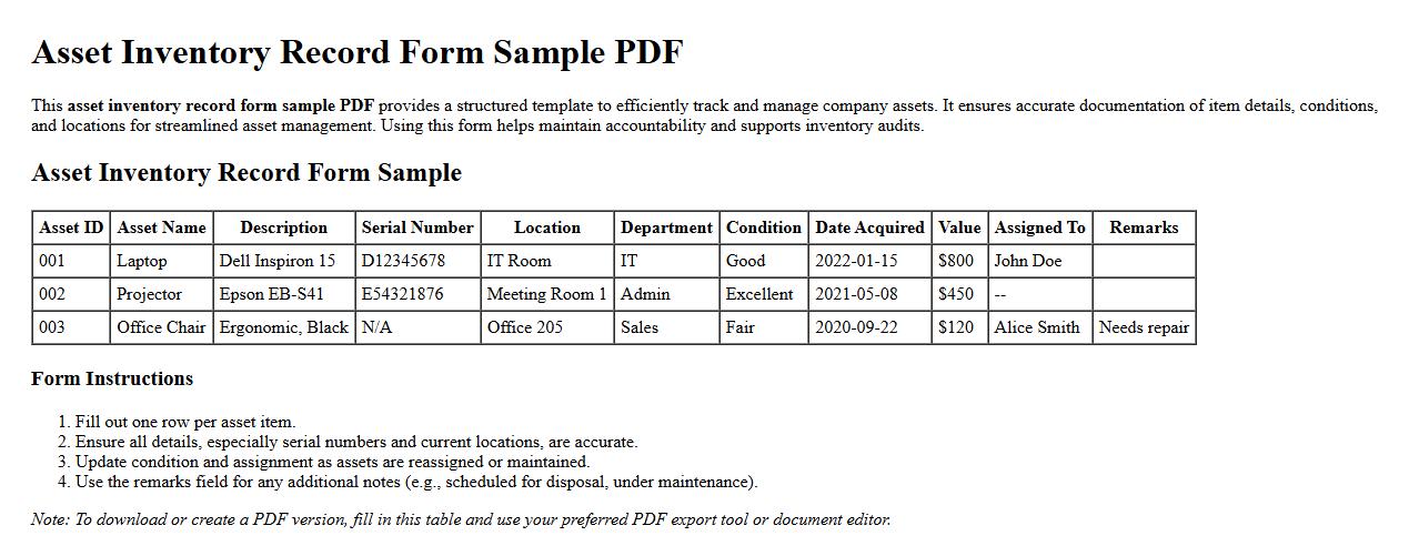 asset inventory record form sample PDF image preview