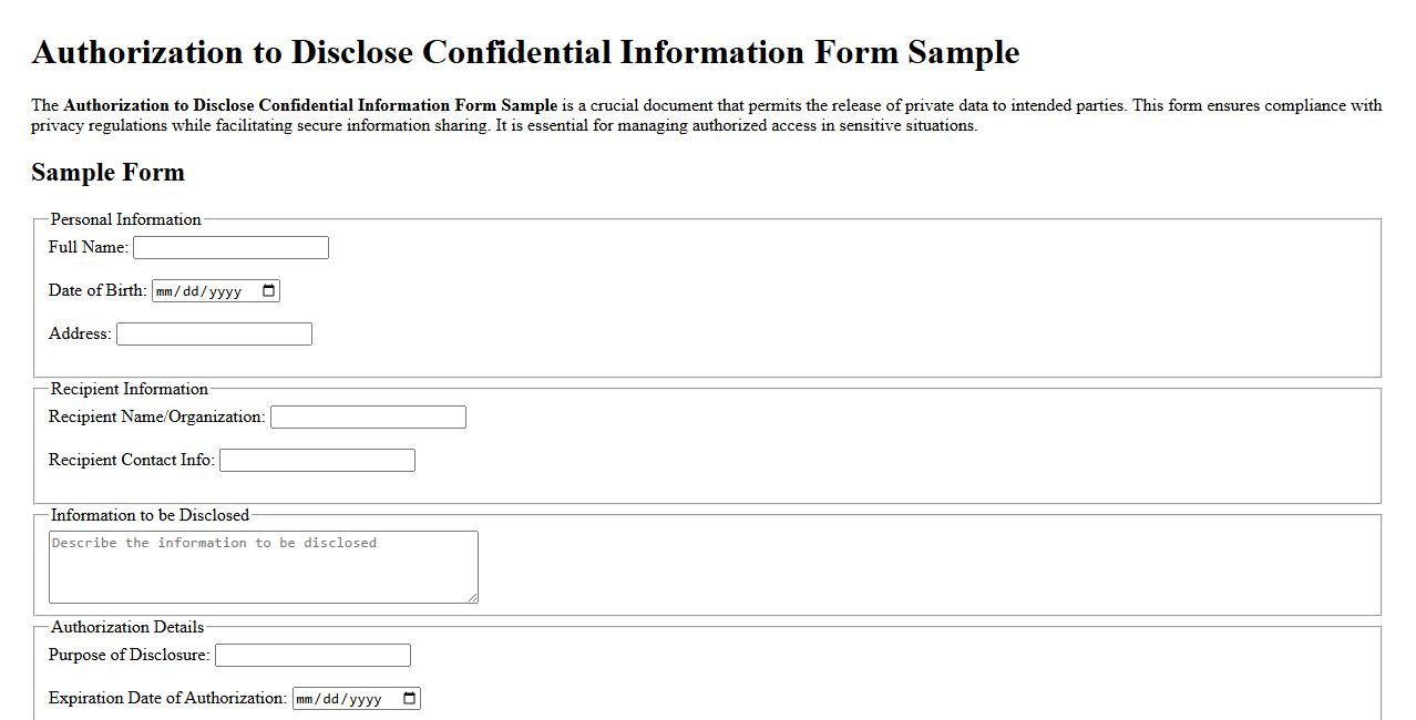 Authorization to Disclose Confidential Information Form Sample image preview